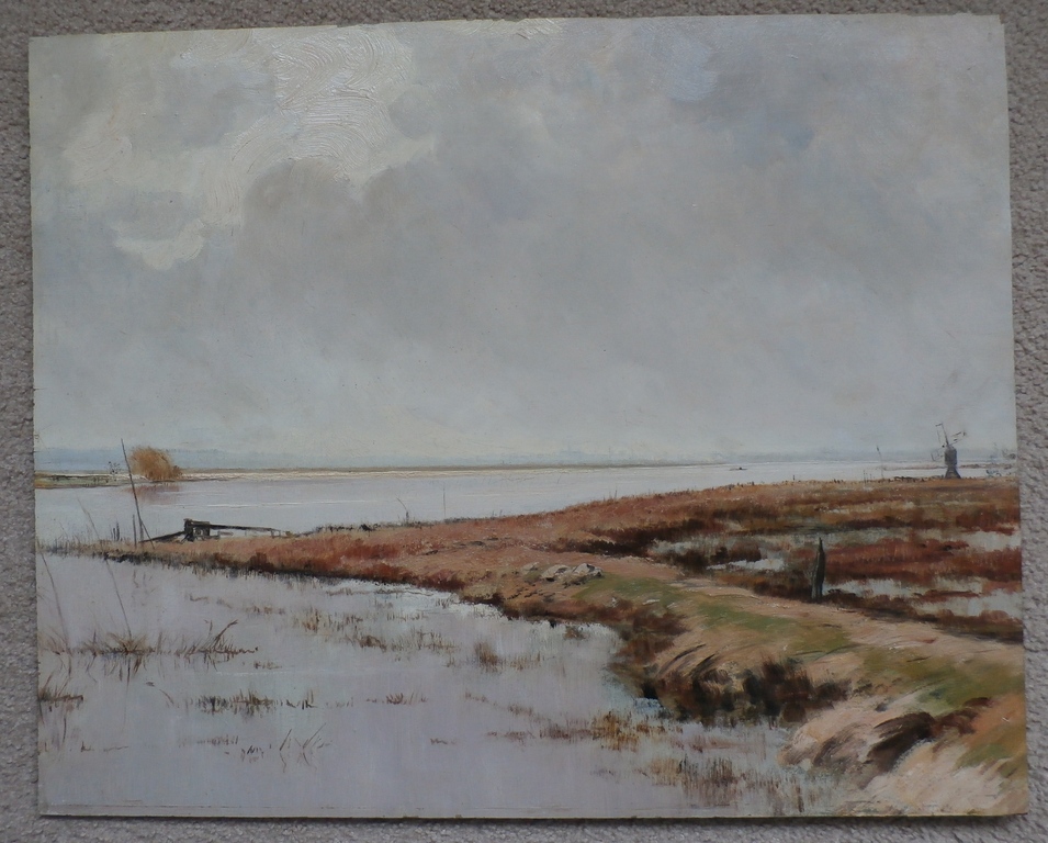 Arie Zwart, olieverf op paneel: uiterwaarden met molen, handgsigneerd verkocht voor € 450!