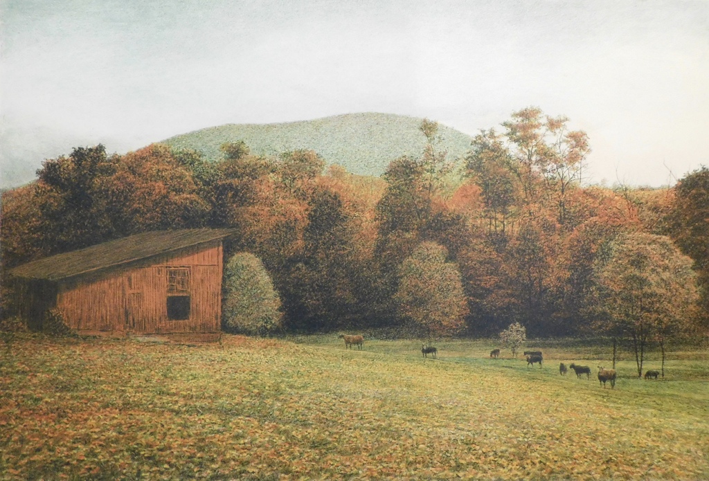 Harold Altman - Kleurenlitho - Sheep Barn at Fall verkocht voor € 35!