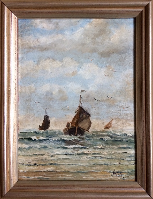 Onbekende kunstenaar: Olieverf op paneel, Vissersboten kopen? Bied vanaf 1!