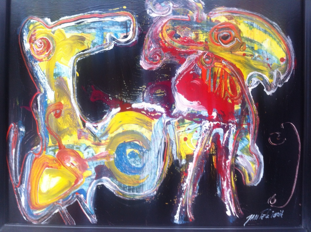 JAN TE WIERIK Origineel schilderij, Fantasiedieren verkocht voor € 1050!