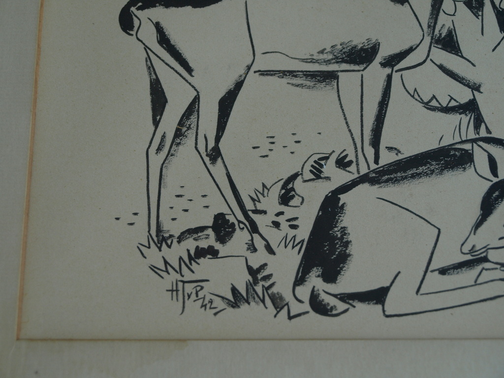 Initialen H. J. v. P. : Tekening? Litho? - 2 Herten – gesigneerd - 1942  kopen? Bied vanaf 1!