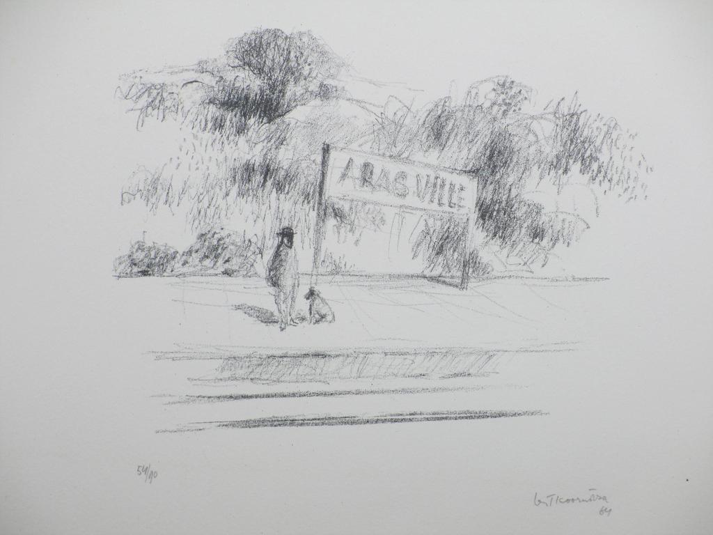 Metten Koornstra, Man met hond op verlaten station, Litho verkocht voor € 50!