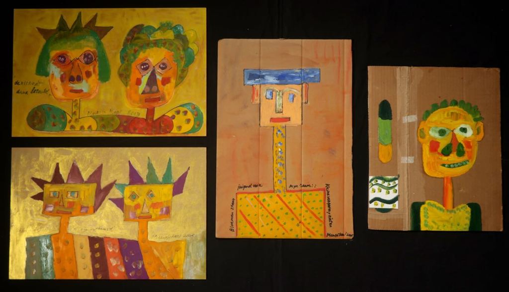 Lot met 4x olieverf en collage op karton en hout van Meertje Kaal kopen? Bied vanaf 1!