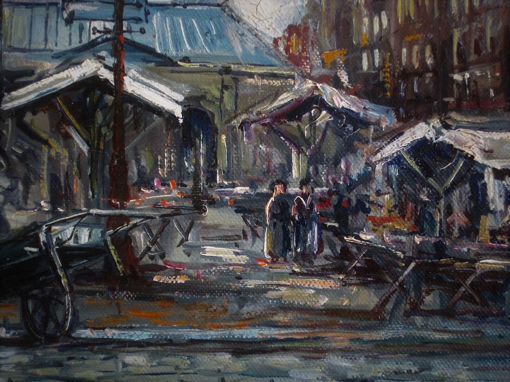 Olieverf ca. 1920 "Amsterdam de Nieuwmarkt met vismarkt" gesigneerd Piet v Beek  verkocht voor € 55!