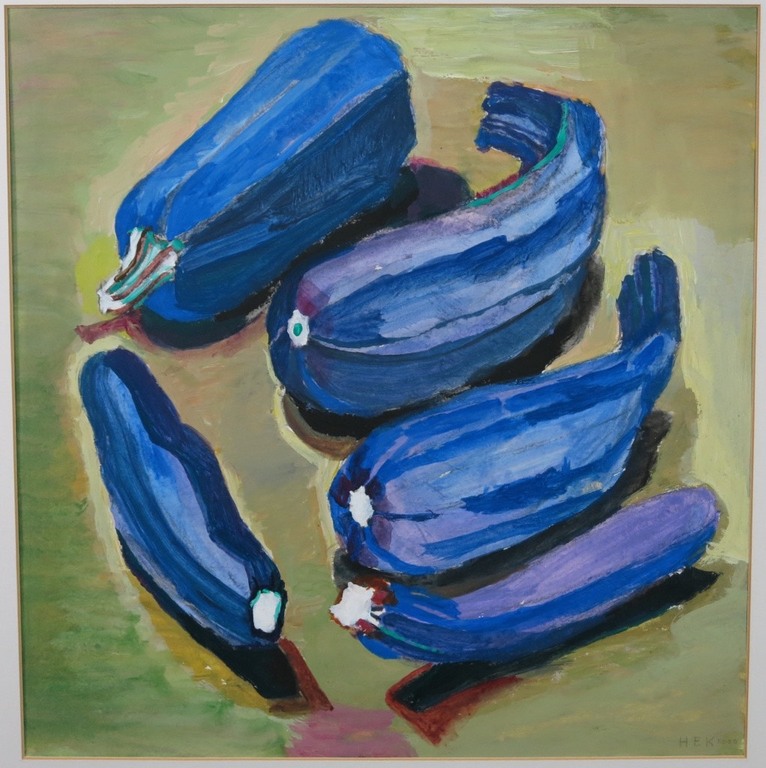 Hans Ebeling Koning: Gouache, Paarse courgettes verkocht voor € 50!