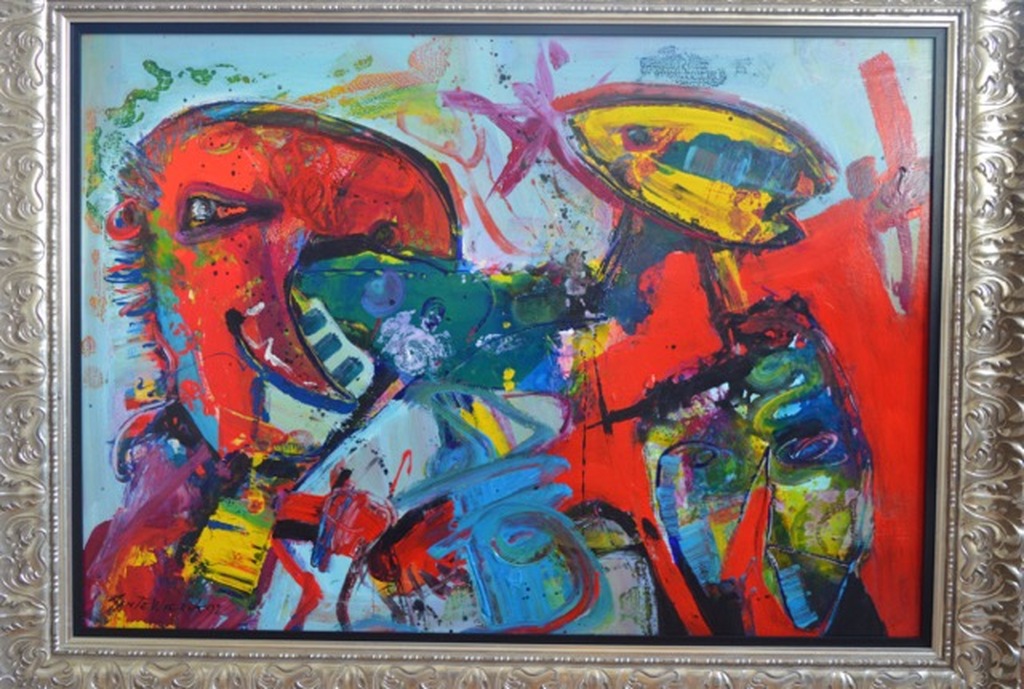 Jan te Wierik - gemengde techniek op paneel - 'samen er op uit' kopen? Bied vanaf 2900!