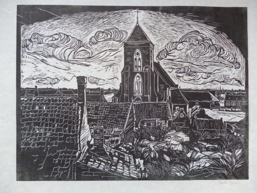 Edith Pijpers - houtsnede - Gezicht op Zoutelande verkocht voor € 45!