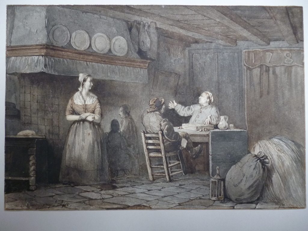 Reinier Craeyvanger - sepia tekening - Herberginterieur met figuren kopen? Bied vanaf 150!