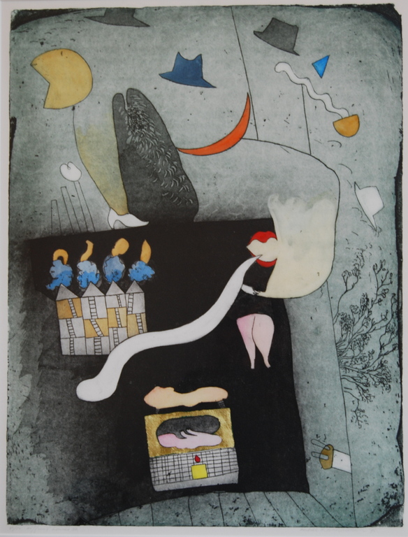 Michel van Overbeeke different houses III ets 40/50 ingeschilderd en met bladgoud belegd verkocht voor € 125!