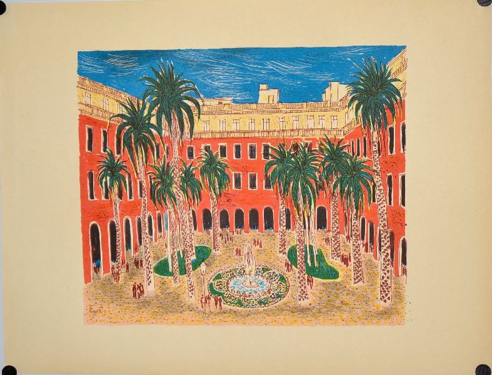 Charles Eyck: Kleurenlitho. Plein met palmbomen kopen? Bied vanaf 1!