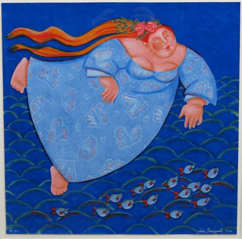 ADA BREEDVELD - Zeefdruk - Vrouw in de zee - 2004 - INGELIJST. verkocht voor € 101!