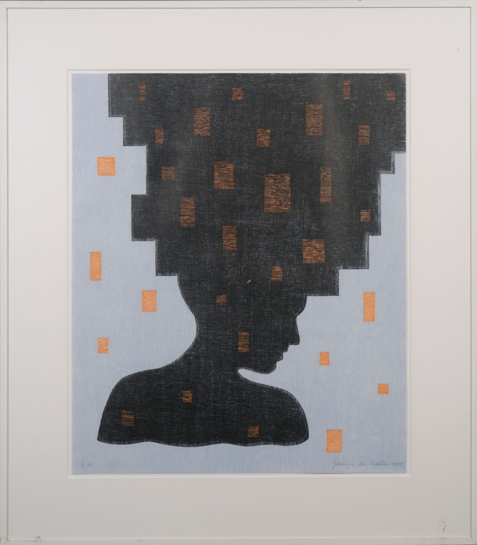 Jacomijn den Engelsen: Houtsnede, Afro (blauw) - Ingelijst kopen? Bied vanaf 20!