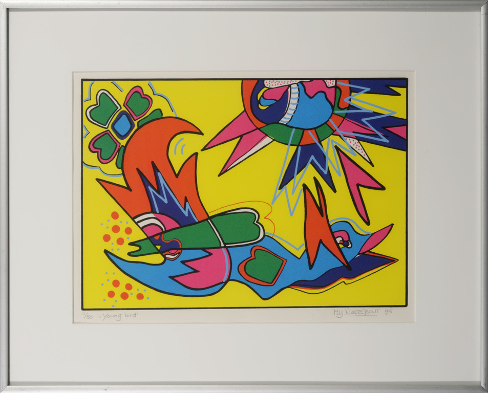 Marianne Naerebout: Zeefdruk, Young bird - Ingelijst verkocht voor € 40!