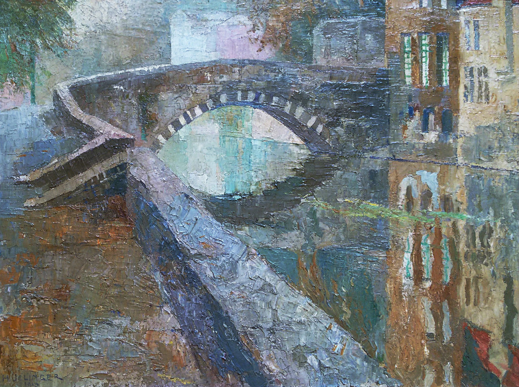 Han Jelinger - Brugge, olieverf op doek (prachtig ingelijst, groot) verkocht voor € 275!