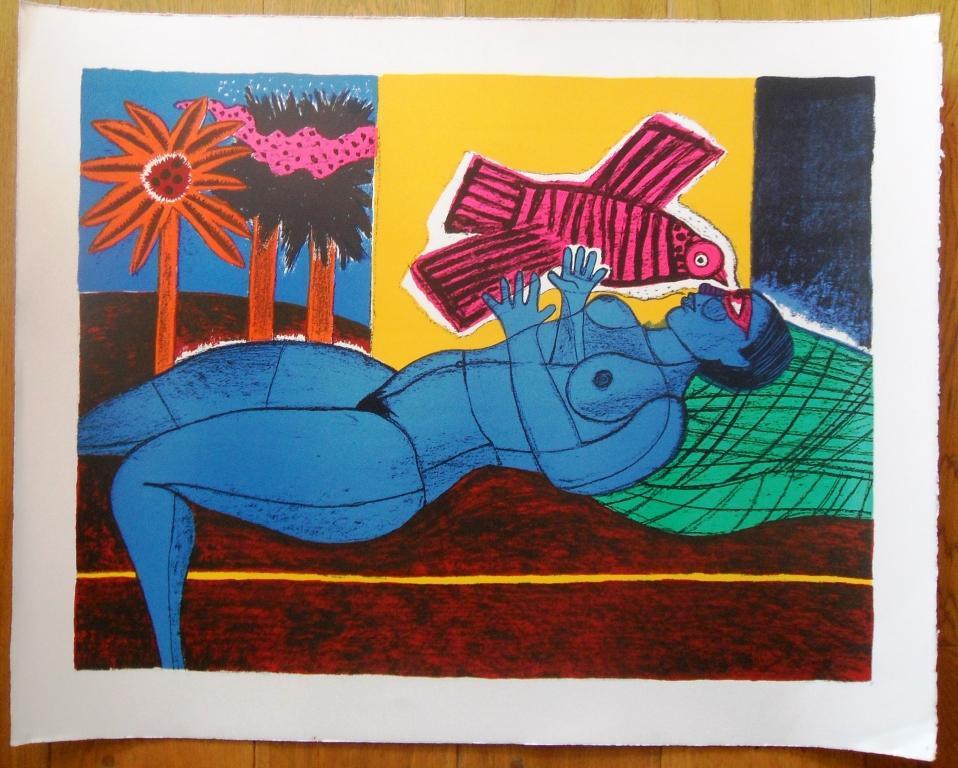 Corneille : naakt in blauw met vogel in roze (grote litho)  kopen? Bied vanaf 135!