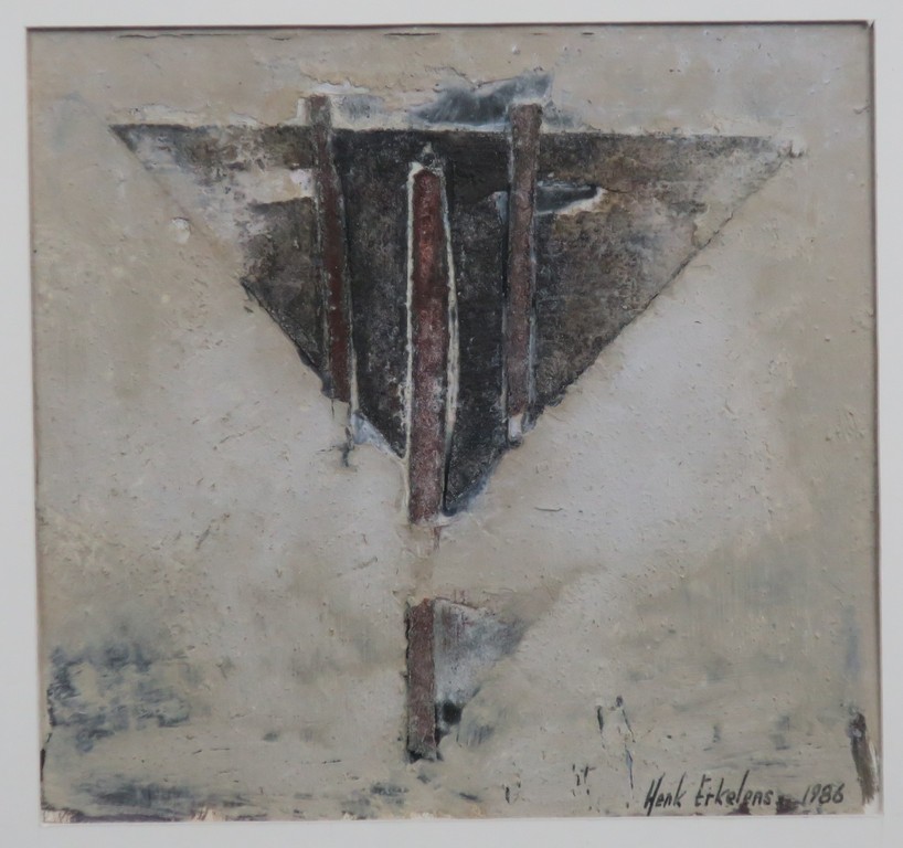 Henk Erkelens: Collage en Acryl op papier, Zonder titel - Ingelijst verkocht voor € 50!