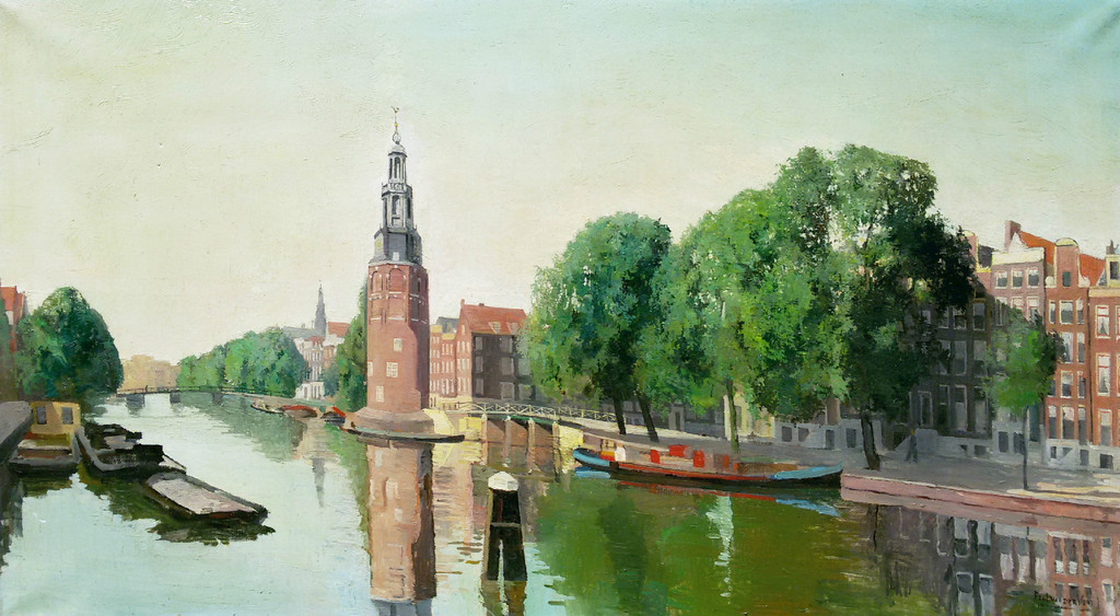 Paul van der Ven - Oudeschans met de Montelbaanstoren, olieverf op doek (groot) verkocht voor € 175!