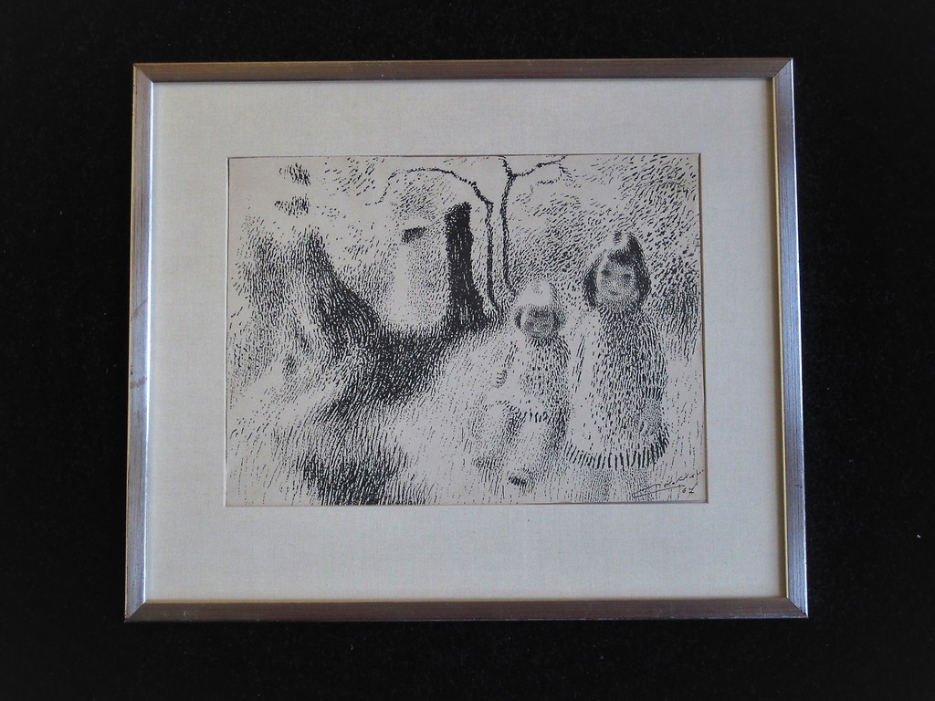 Mooie Divisionistische Inkttekening "zusjes in landschap" gesigneerd/gedateerd kopen? Bied vanaf 1!