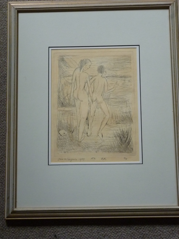 Jan Wiegers - ets - Twee baders aan de oever van een meer kopen? Bied vanaf 90!