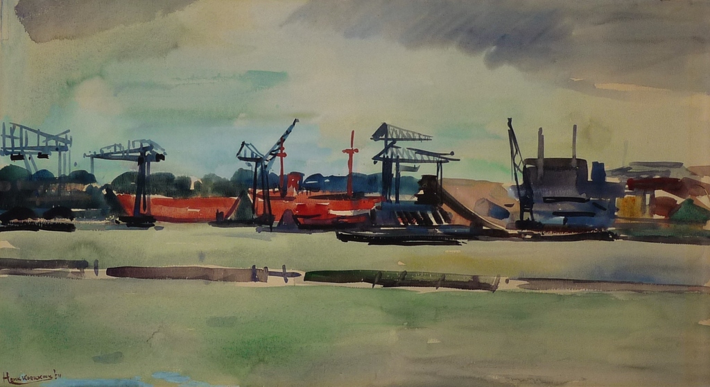 Henk Koekkoek, Aquarel, Havengezicht verkocht voor € 65!