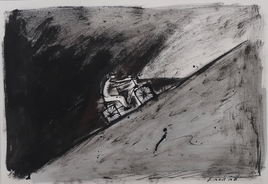 Farhad: Gemengde techniek op papier, Z.T. Fietser - Ingelijst kopen? Bied vanaf 35!