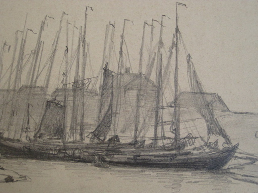 Fraaie potloodtekening G.L.Kiers (1838-1916)"vissersboten in haven Huizen 1883"  kopen? Bied vanaf 1!