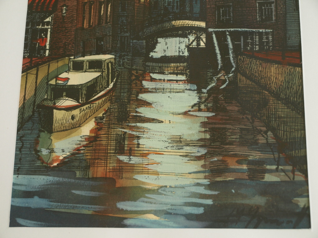 Onduidelijke signatuur : Gouache , Gracht in Amsterdam – ingelijst  kopen? Bied vanaf 35!