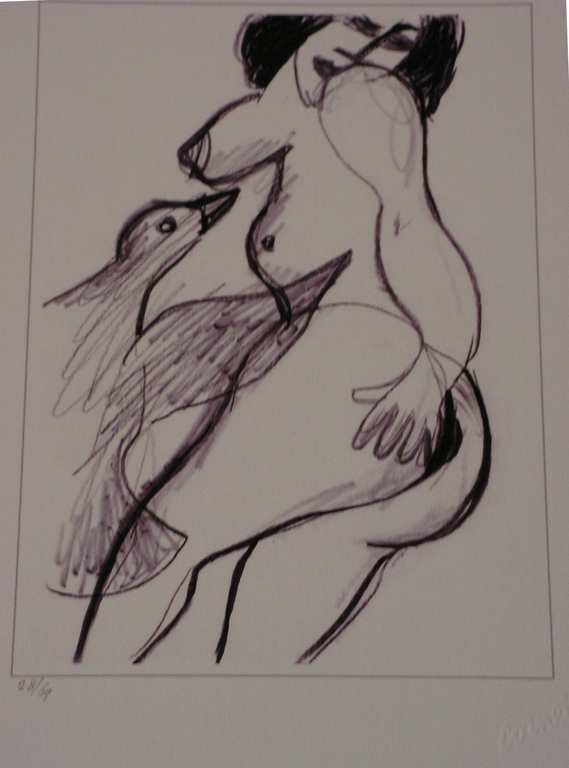 Corneille  -  piezografiek  -  naakte vrouw met vogel verkocht voor € 50!