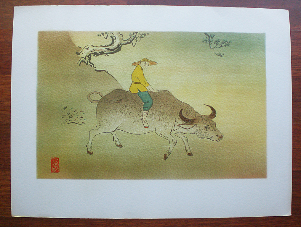 Chinese school - Jongen op waterbuffel, zeefdruk of ingekleurde litho kopen? Bied vanaf 15!