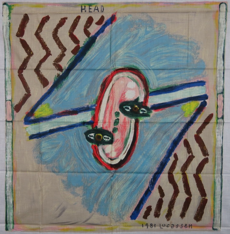 Reinier Lucassen: Zeefdruk op katoenzijde, Head, denken is het oog verkocht voor € 40!