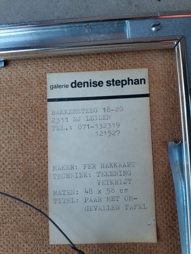 Fer Hakkaart - Paar met omgevallen tafel, vetkrijt op dun board 48x58, ingelijst kopen? Bied vanaf 40!