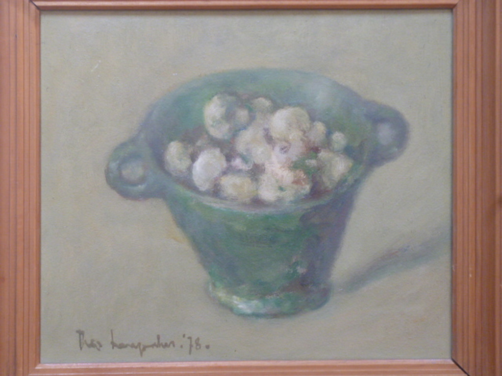 Theo Swagemakers - olieverf - Champignons in groene aardewerk kom verkocht voor € 275!