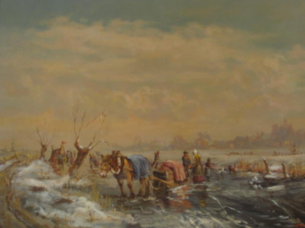 Mooi groot olieverf wintertafereel met Koek en Zopie door Jan van Trirum 1924- verkocht voor € 175!