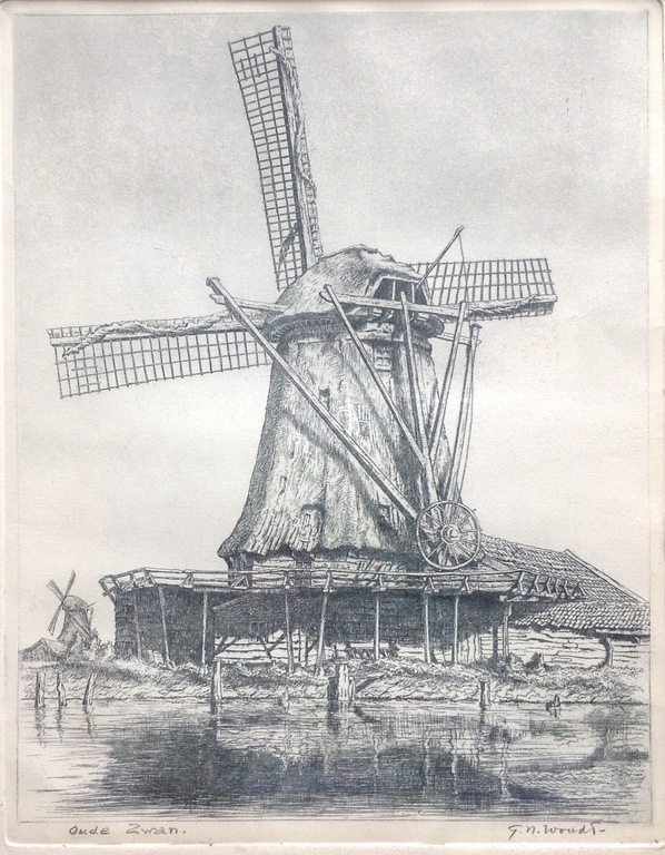 Gerrit Nicolaas Woudt - ets Molen De Oude Zwan Zaandam verkocht voor € 40!