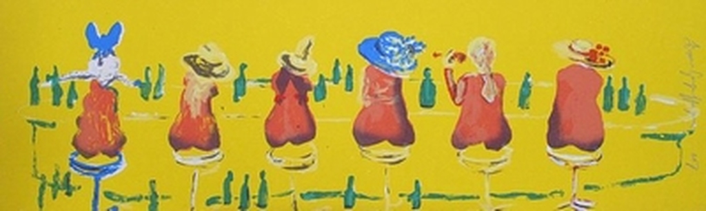 ESPEN GREGER HAGEN, grote handgesigneerde zeefdruk: Six ladies at the yellow bar verkocht voor € 67!
