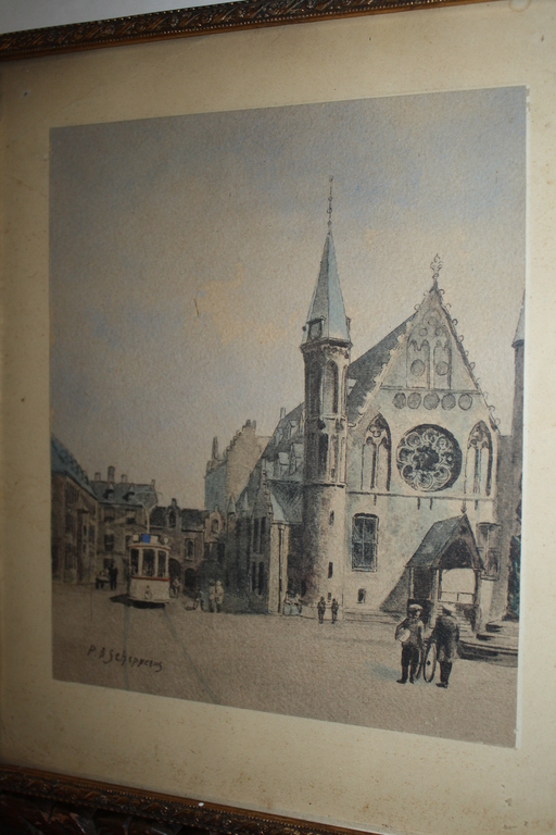 Pieter Schipperus - tram te Den Haag - inkt en aquarel verkocht voor € 110!