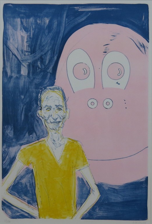 Daniel Richter: Litho, Man en roze beest - Ingelijst (groot) verkocht voor € 310!