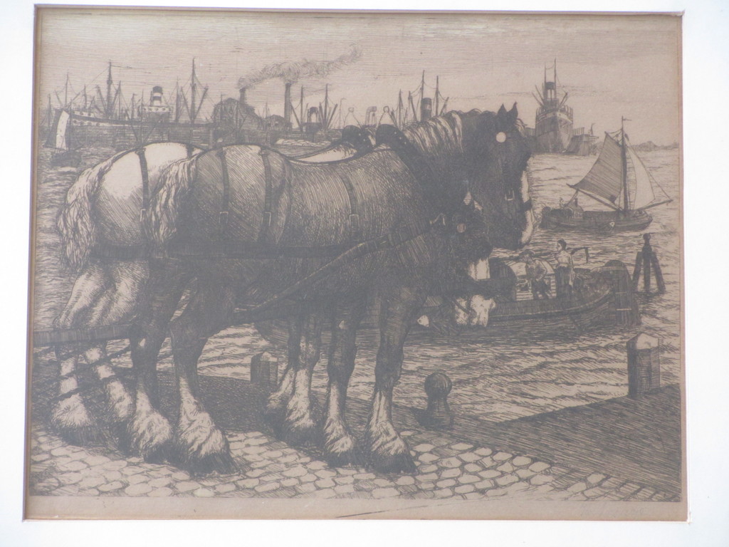 Hendrik Lesage, Trekpaarden aan de havenkade, Ets kopen? Bied vanaf 1!