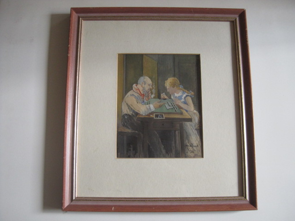 Leuk Hollands aquarel "Pa en dochter spelen TricTrac" door Jan de Quack 1934 kopen? Bied vanaf 1!