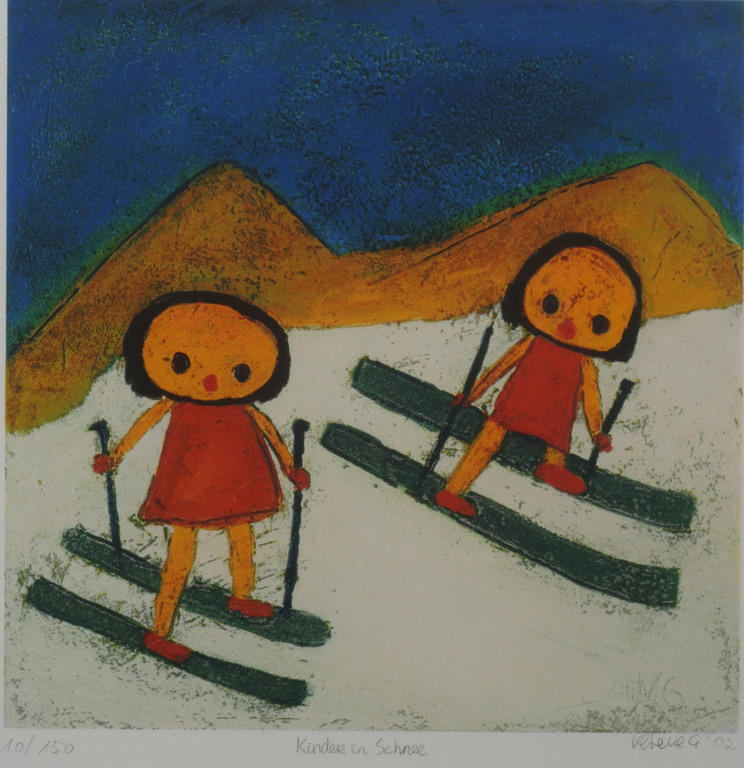 Giovanni Vetere: Zeefdruk, Kinder in Schnee - Ingelijst kopen? Bied vanaf 100!