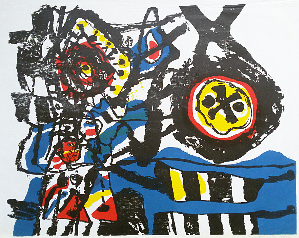 Jef Diederen - Kinderen tussen het blauw, houtsnede op japans papier verkocht voor € 40!