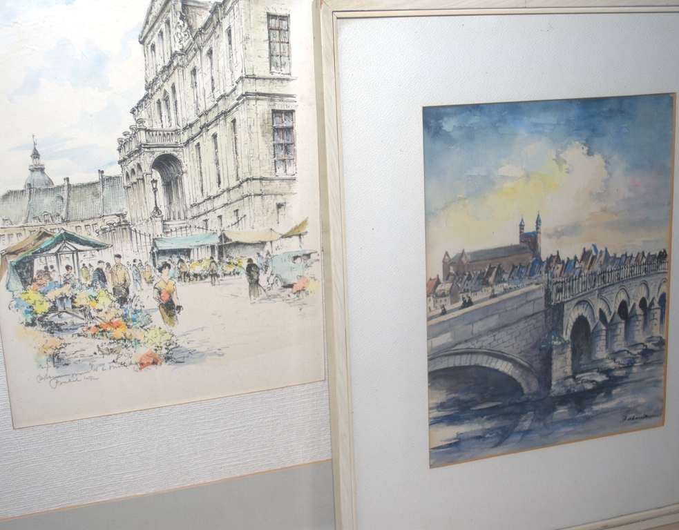  MAASTRICHT: SERVAESBRUG aquarel + BLOEMENMARKT litho met aquarel -->LOT VAN 2  kopen? Bied vanaf 35!
