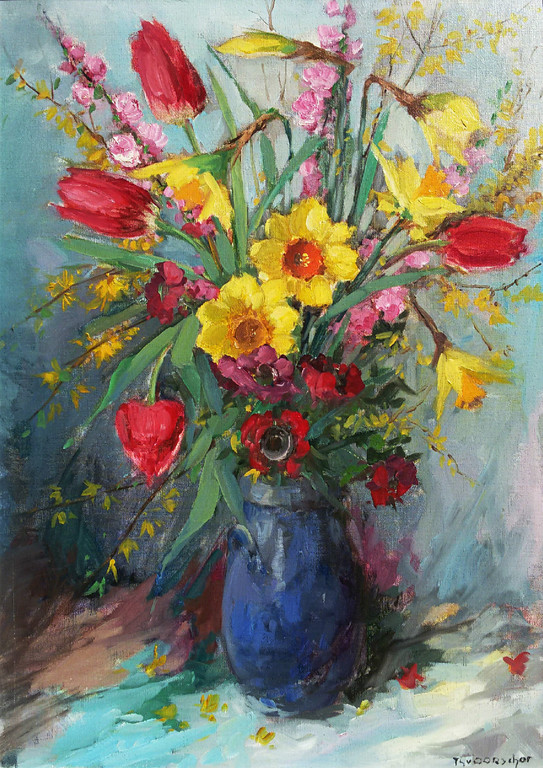 Theo van Oorschot - Voorjaarsbloemen, olieverf op doek (mooi ingelijst) kopen? Bied vanaf 275!