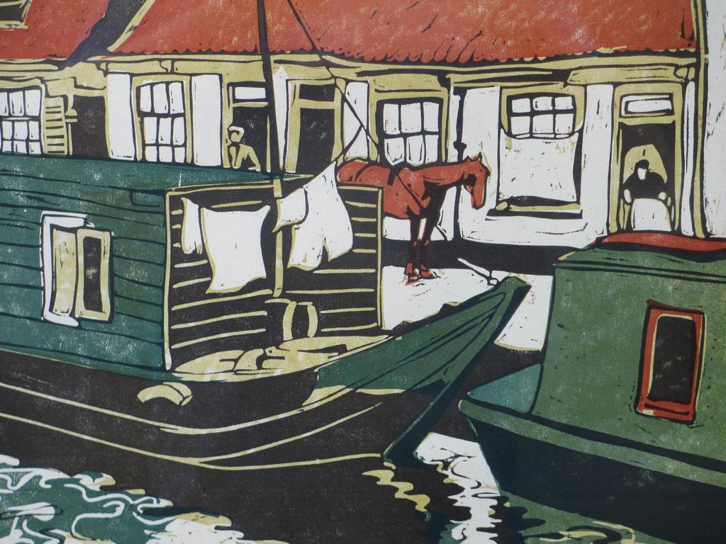 Cees Bolding, Woonschuit aan kade, Kleurenhoutsnede kopen? Bied vanaf 65!