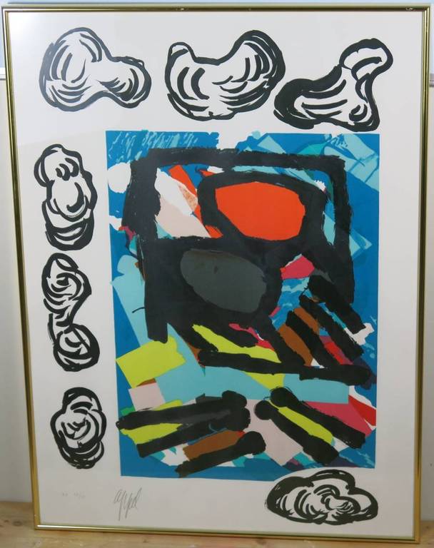 Karel Appel: Kleurenlitho, Strepen en wolken - Ingelijst verkocht voor € 555!