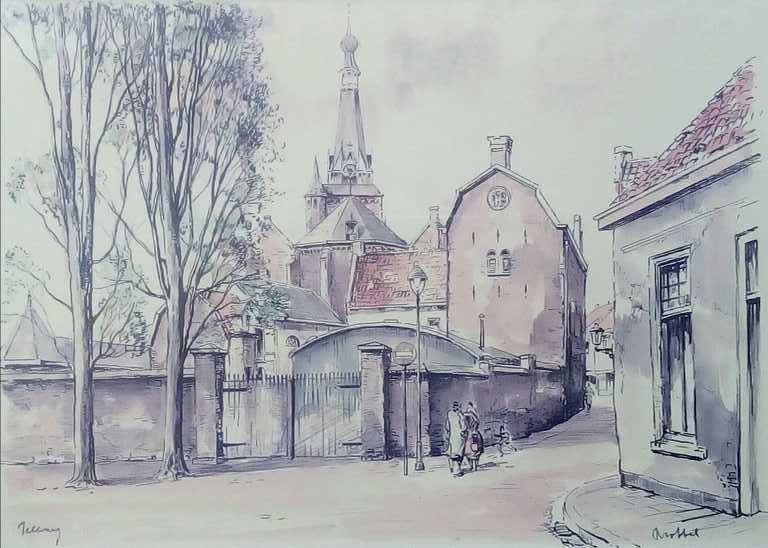 Onbekend: twee pentekeningen met aquarel van oud-Tilburg, ingelijst kopen? Bied vanaf 1!