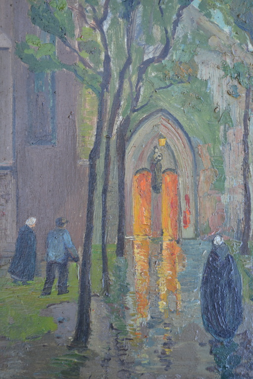 Impressionistisch olieverf schilderij, kerkgang. kopen? Bied vanaf 1!