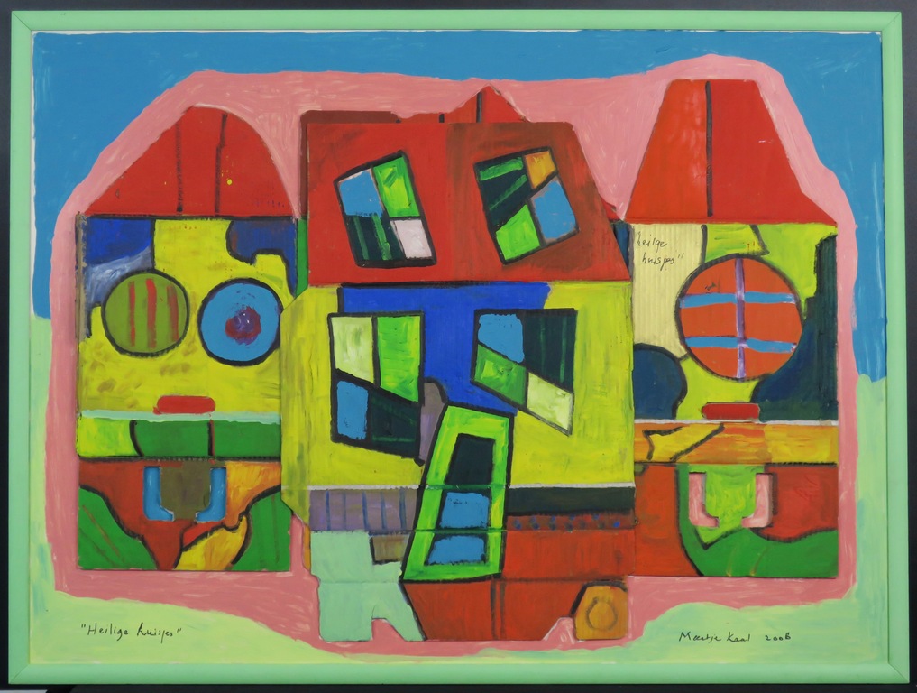 Meertje Kaal: Acryl en collage op papier, Heilige huisjes - Ingelijst (Groot) verkocht voor € 200!