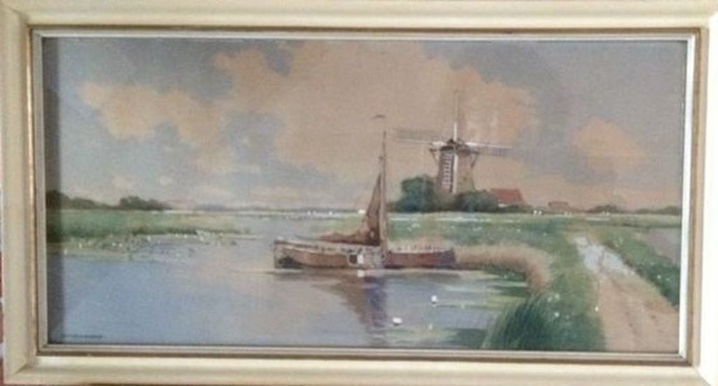 Hollands landschap met  met een molen aan een zomerse plas kopen? Bied vanaf 100!
