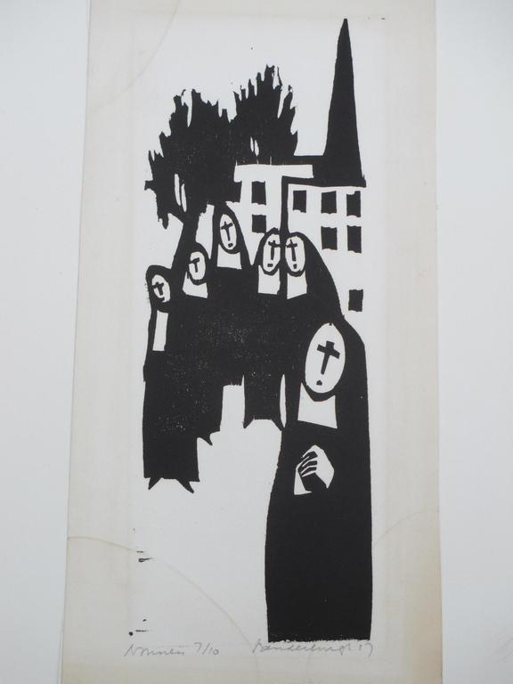 Flip van der Burgt, Nonnen, Linosnede verkocht voor € 35!